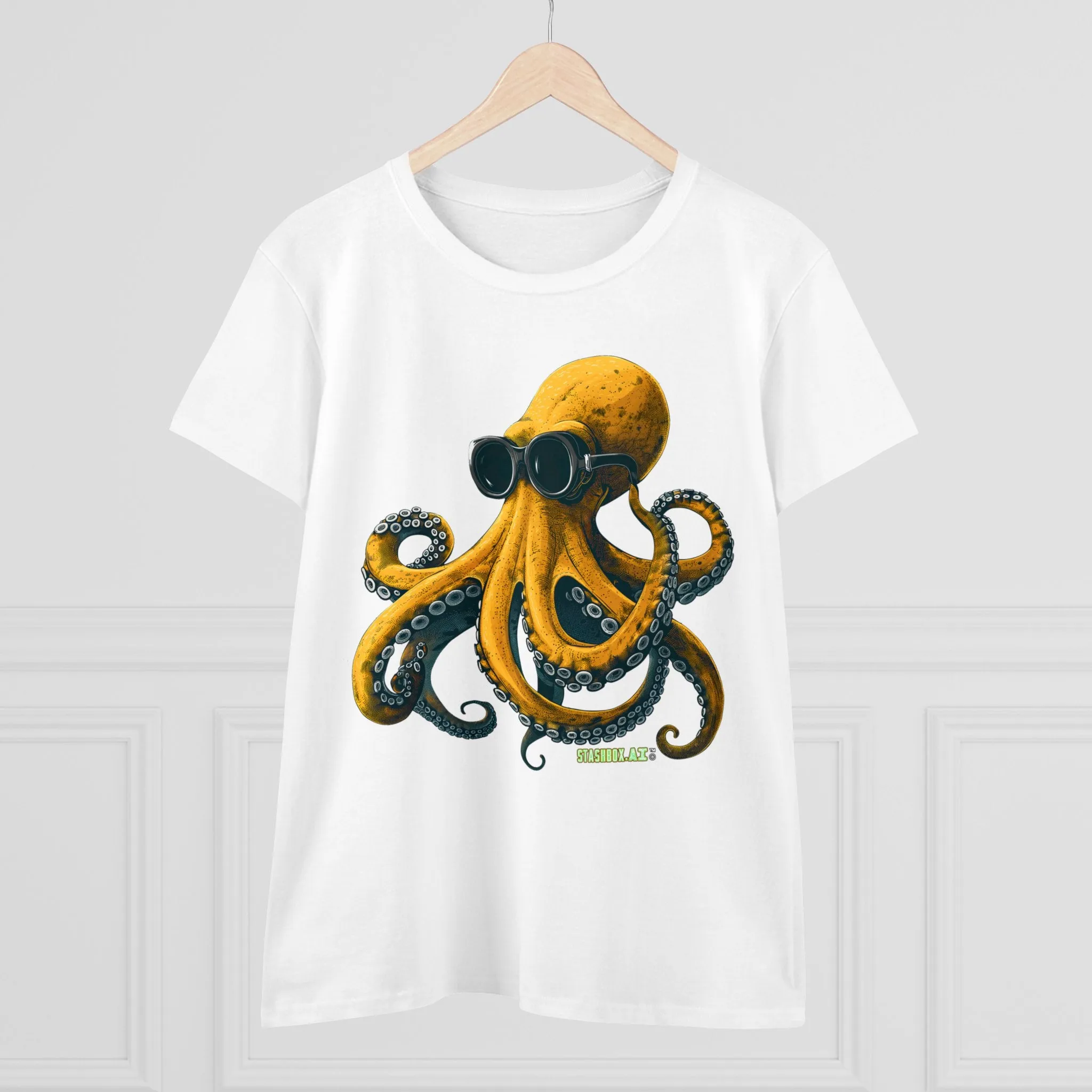 Women's Midweight Cotton Tshirt Yellow Octopus wearing goggles 001