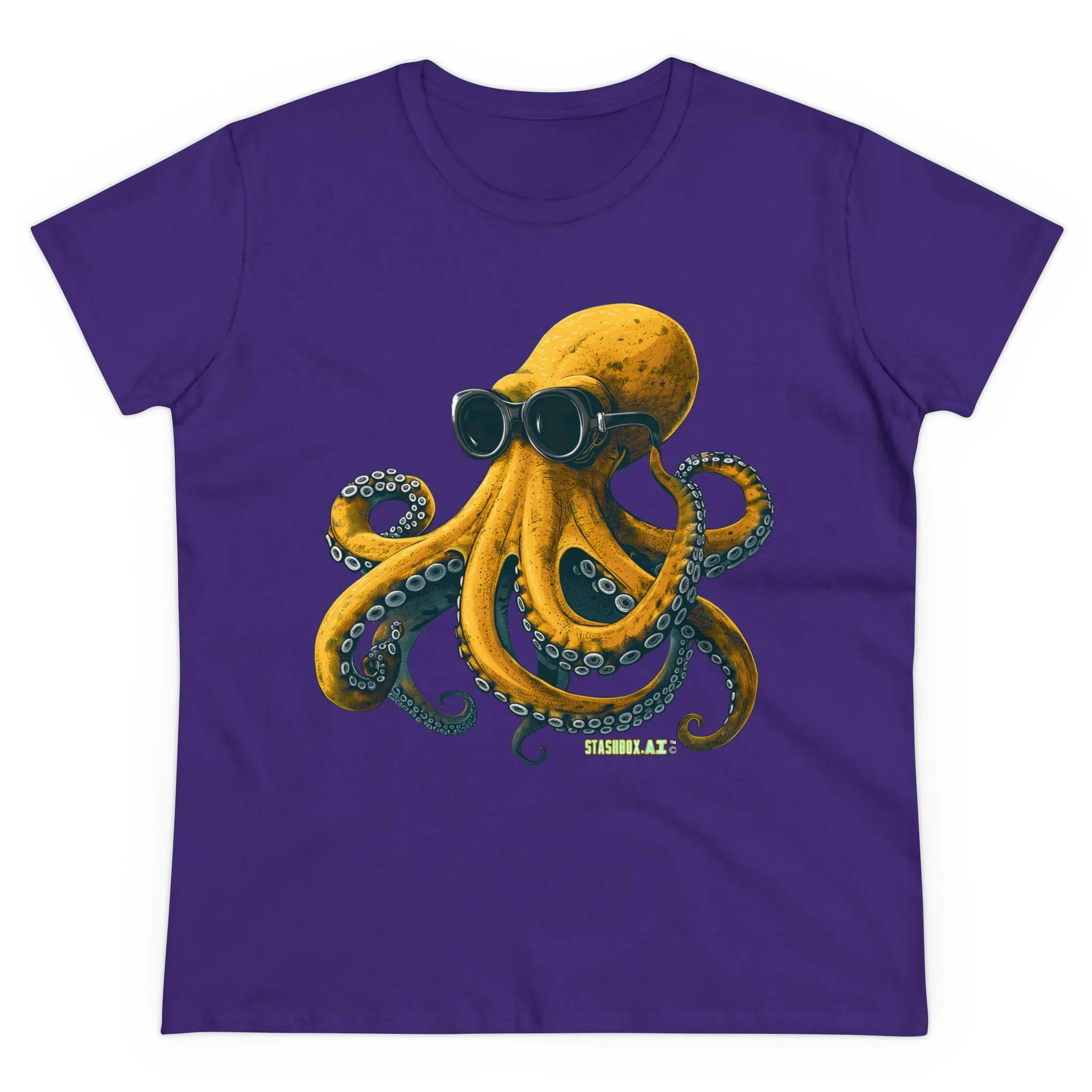 Women's Midweight Cotton Tshirt Yellow Octopus wearing goggles 001