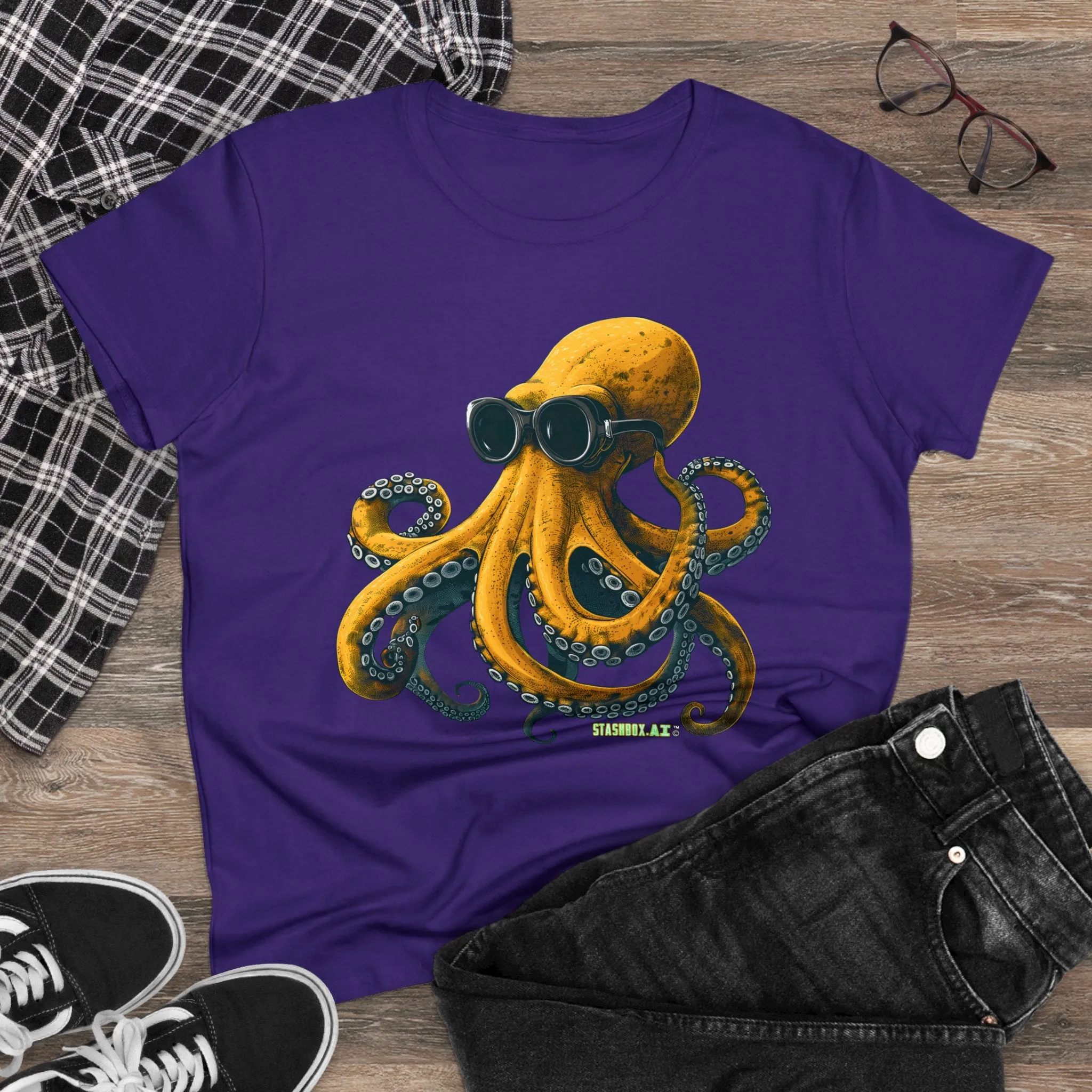 Women's Midweight Cotton Tshirt Yellow Octopus wearing goggles 001