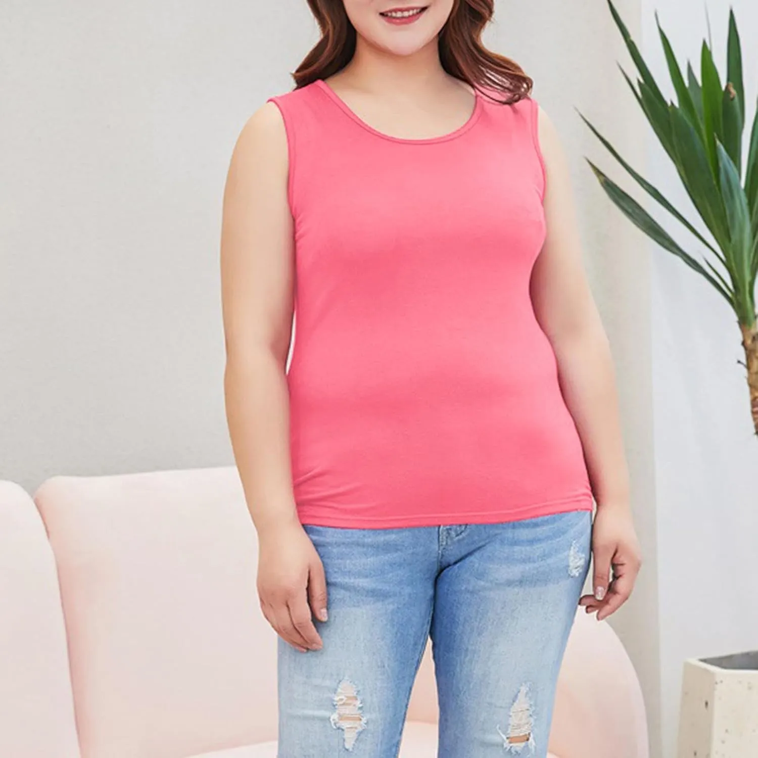 Women's Plus Size Round Neck Tank Tops Sleeveless Solid Color Tee Shirts Casual Loose 2025 Summer Lightweight Clothes