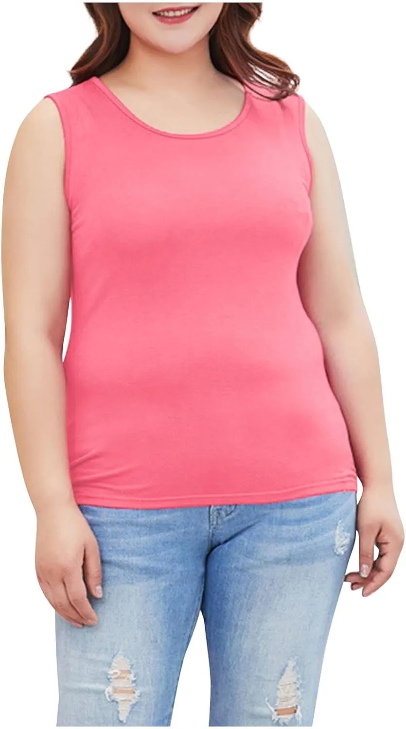 Women's Plus Size Round Neck Tank Tops Sleeveless Solid Color Tee Shirts Casual Loose 2025 Summer Lightweight Clothes
