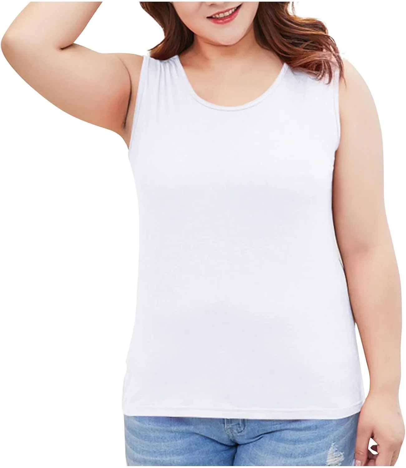 Women's Plus Size Round Neck Tank Tops Sleeveless Solid Color Tee Shirts Casual Loose 2025 Summer Lightweight Clothes