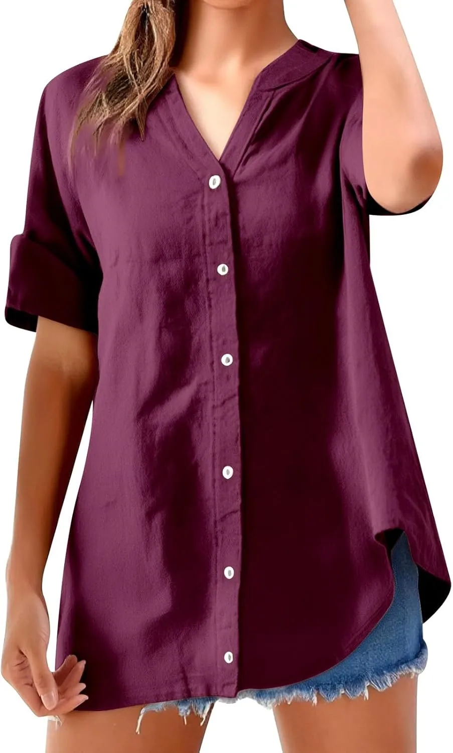 Womens Short Sleeve Cotton Linen Shirt Casual Crewneck Soft T Shirt Floral Loose Fit Summer Tee Tops