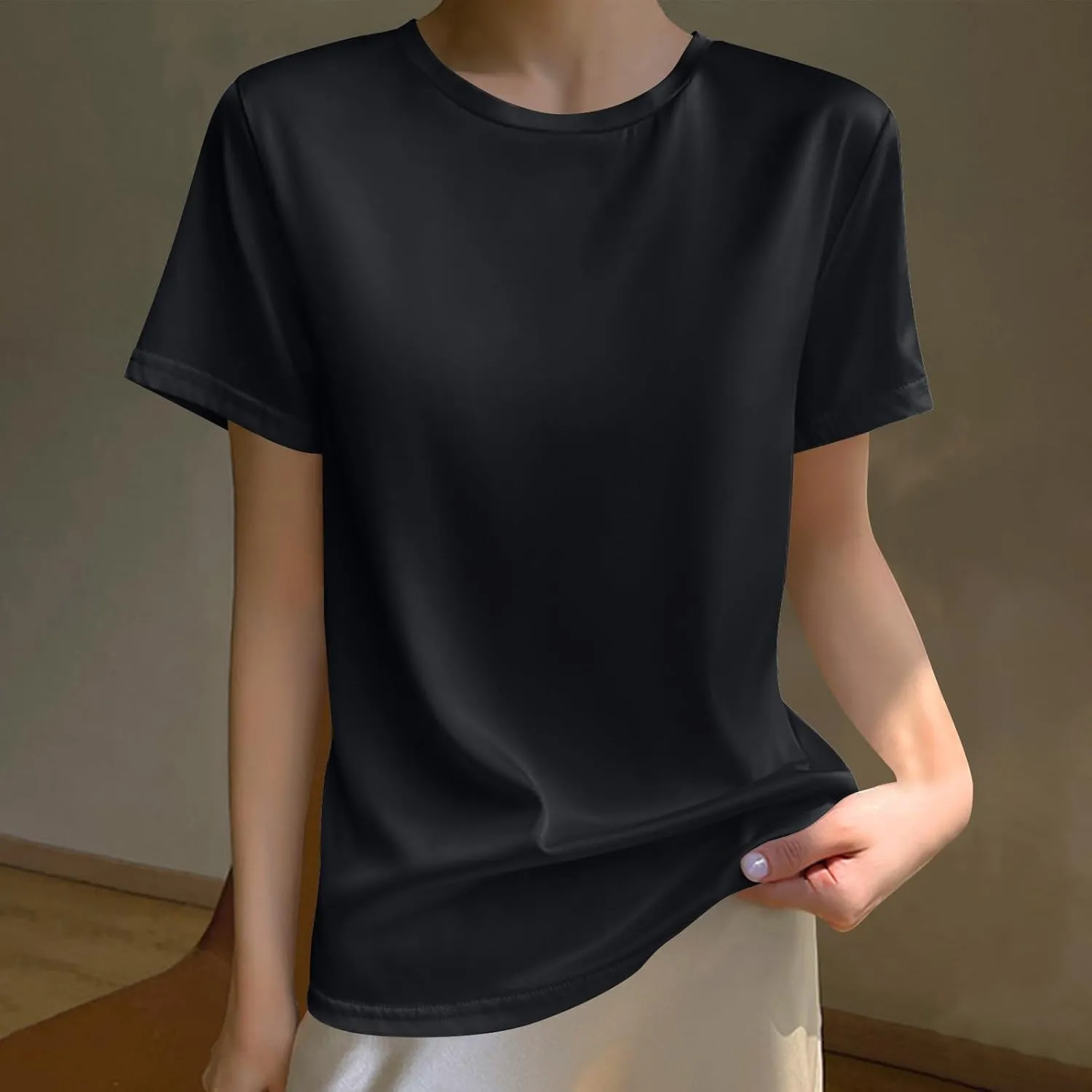 Women's Silk Satin Tops Crewneck Short Sleeve Tee Shirt Casual Party Tee Shirt