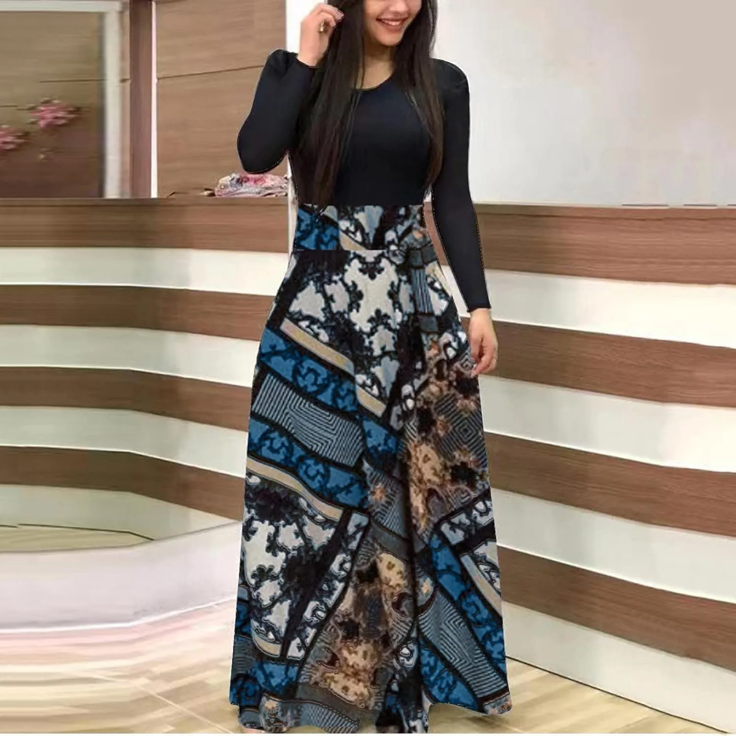 Womens Spring Fashion Slimming Long Sleeve Floral Print Dresses Classy Crewneck Long Dress