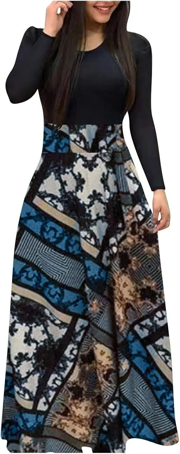 Womens Spring Fashion Slimming Long Sleeve Floral Print Dresses Classy Crewneck Long Dress