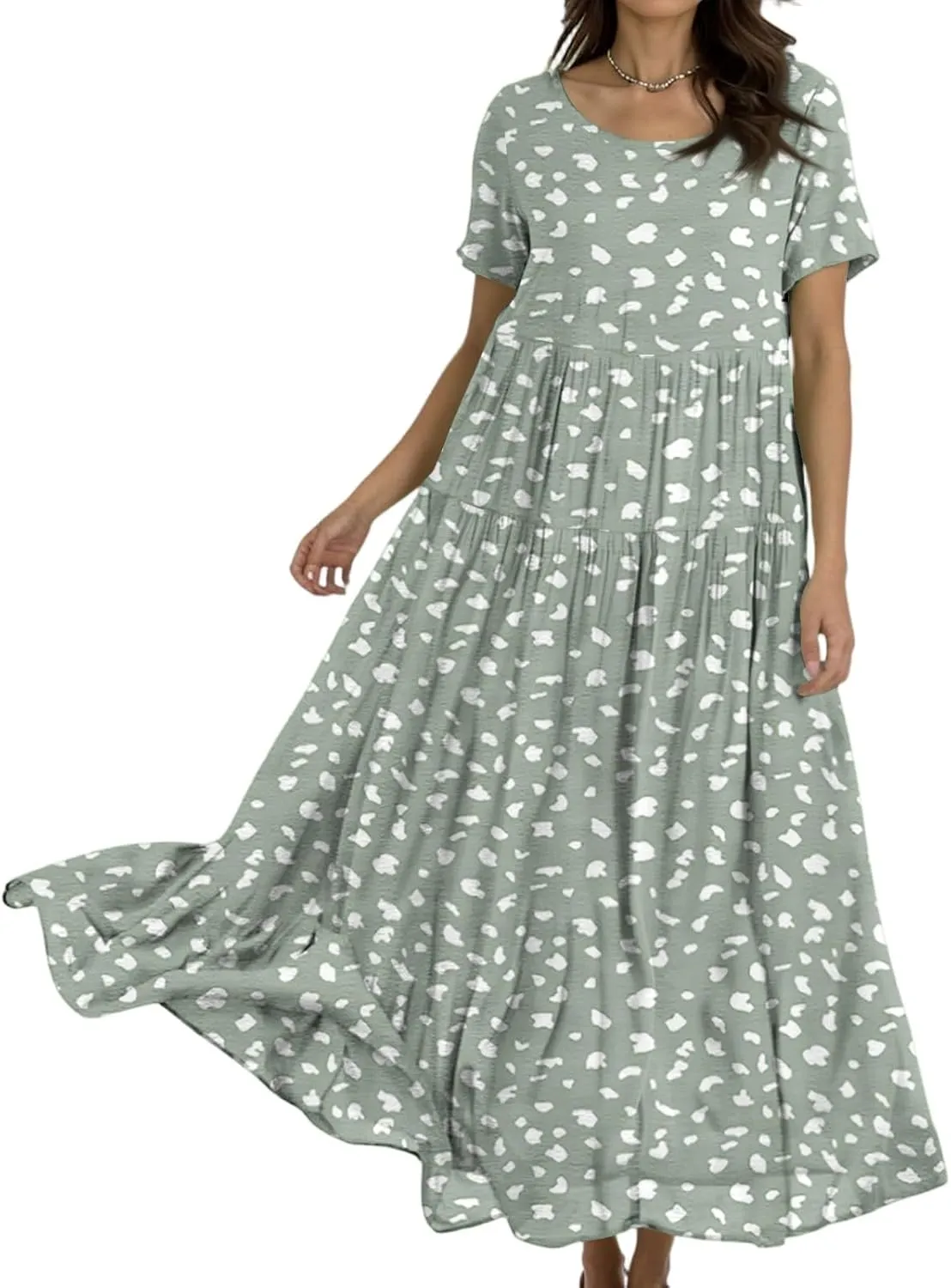 Womens Summer Dress Boho Floral Print Short Sleeve Wrap Crewneck Ruffle A-Line Flowy Hawaiian Tiered Maxi Dresses