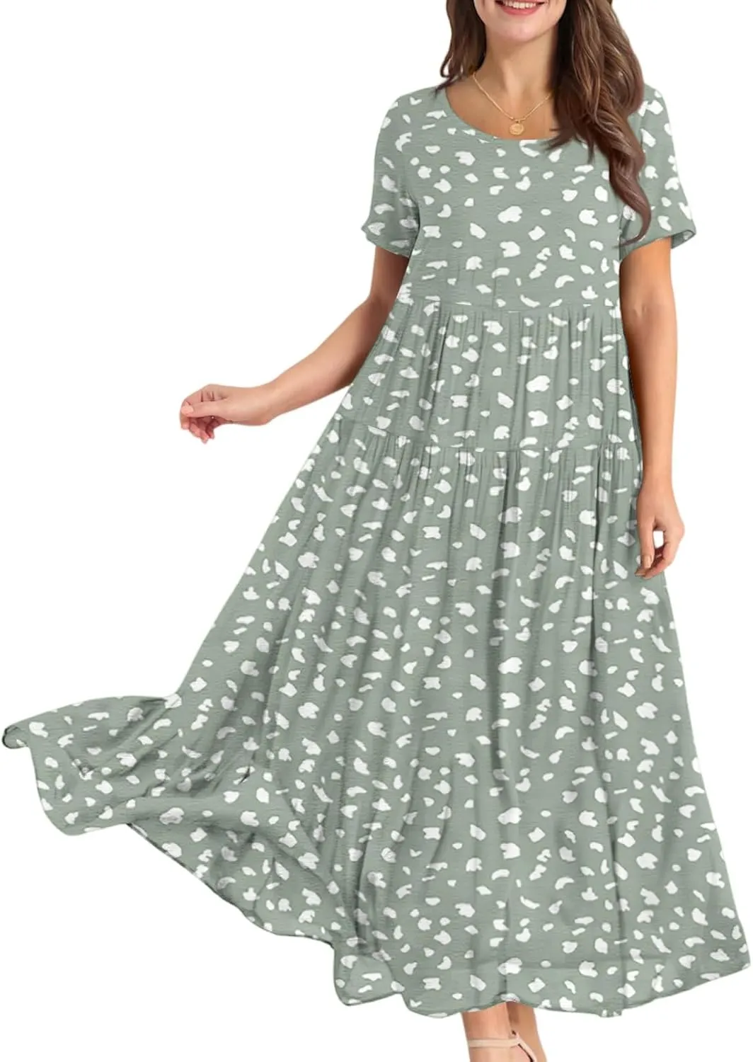 Womens Summer Dress Boho Floral Print Short Sleeve Wrap Crewneck Ruffle A-Line Flowy Hawaiian Tiered Maxi Dresses