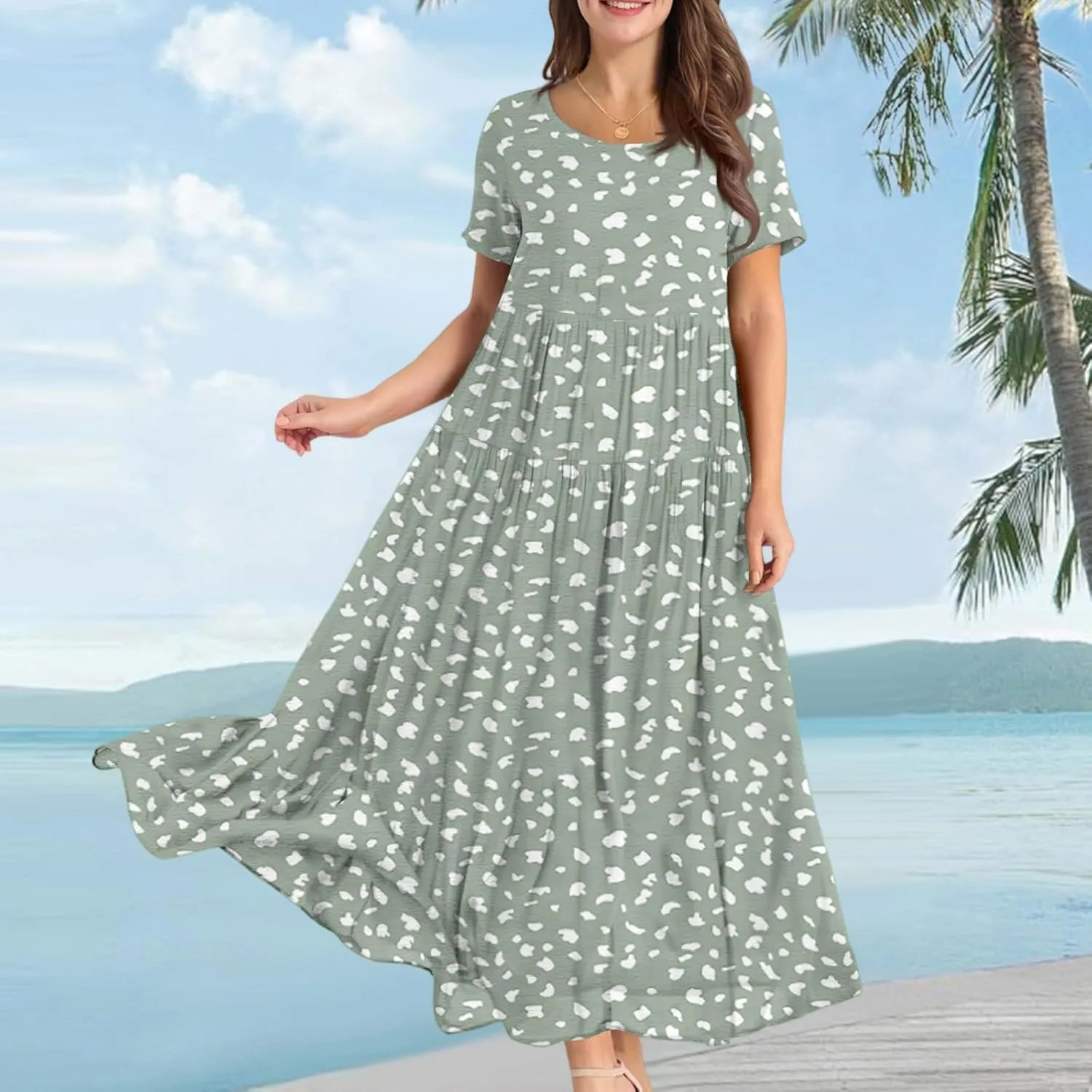 Womens Summer Dress Boho Floral Print Short Sleeve Wrap Crewneck Ruffle A-Line Flowy Hawaiian Tiered Maxi Dresses