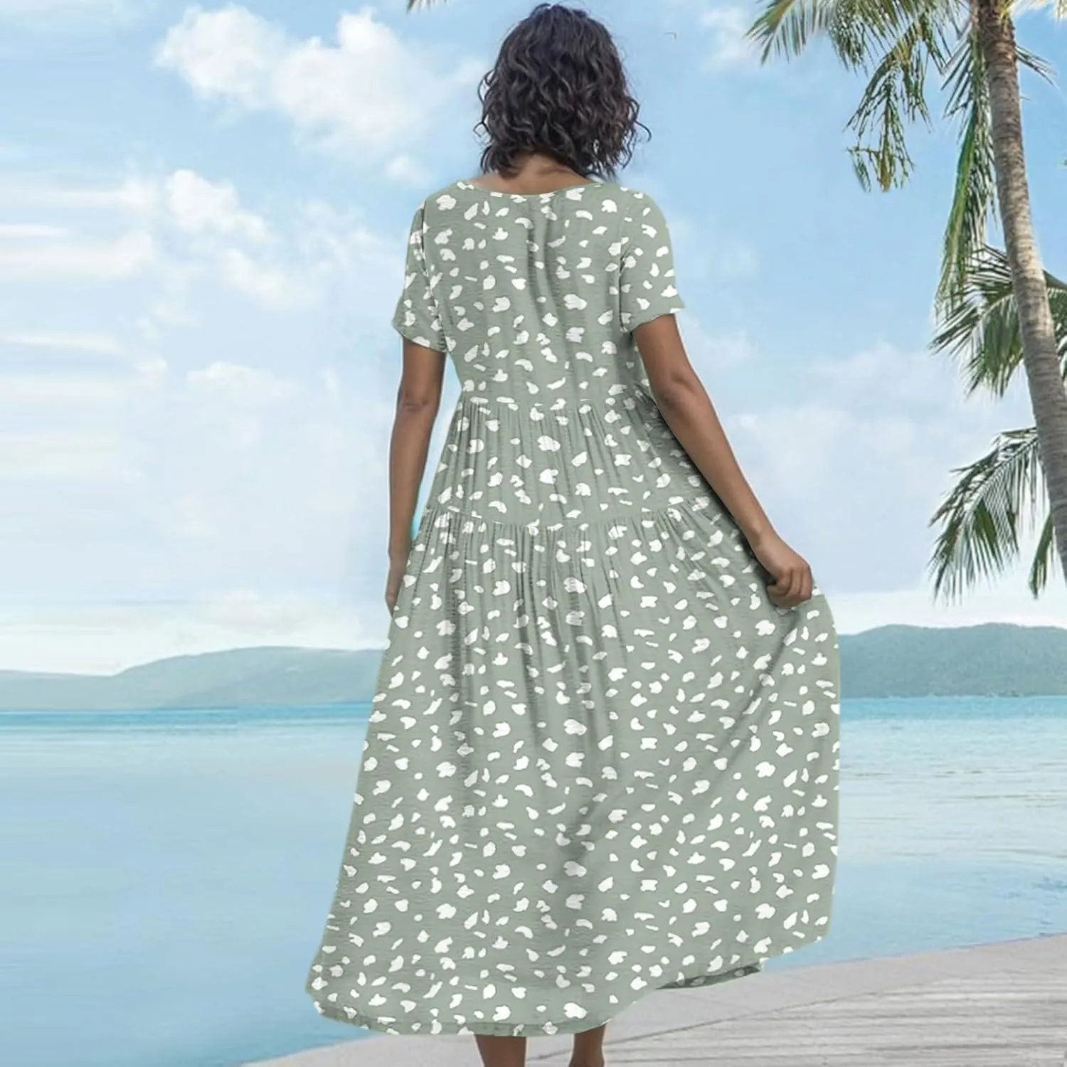 Womens Summer Dress Boho Floral Print Short Sleeve Wrap Crewneck Ruffle A-Line Flowy Hawaiian Tiered Maxi Dresses