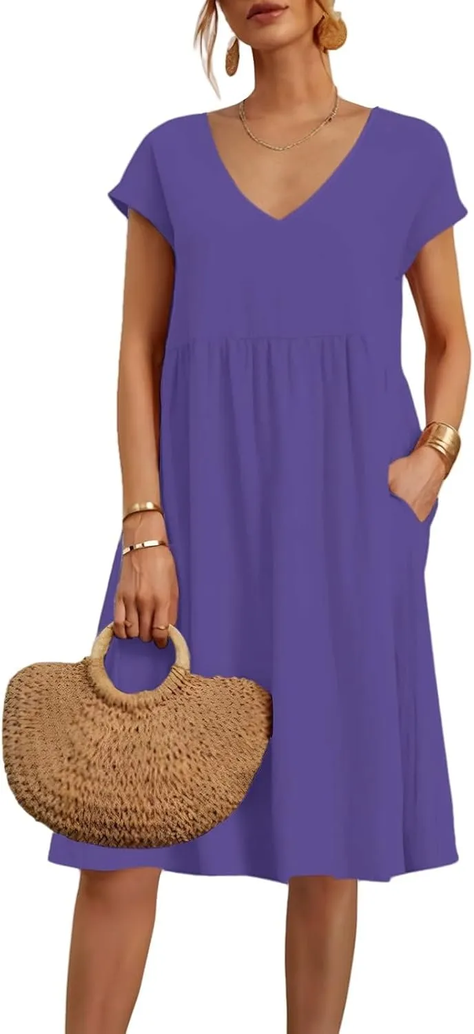 Women's Summer Dresses 2025 Beach Casual Deep V Neck Loose Short Sleeve Mini Sundress with Pockets
