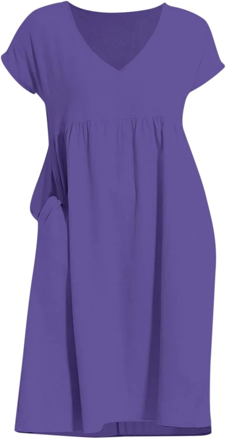 Women's Summer Dresses 2025 Beach Casual Deep V Neck Loose Short Sleeve Mini Sundress with Pockets