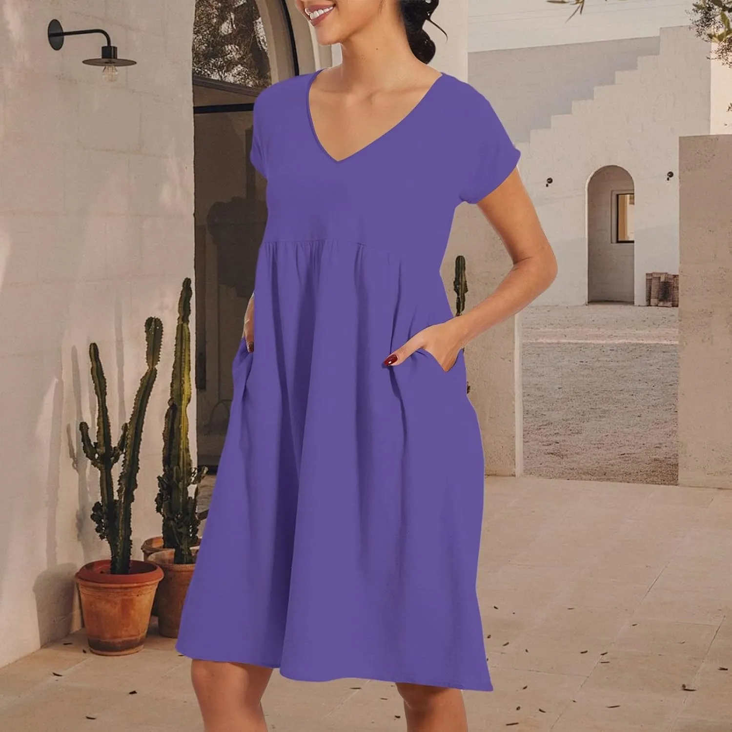 Women's Summer Dresses 2025 Beach Casual Deep V Neck Loose Short Sleeve Mini Sundress with Pockets