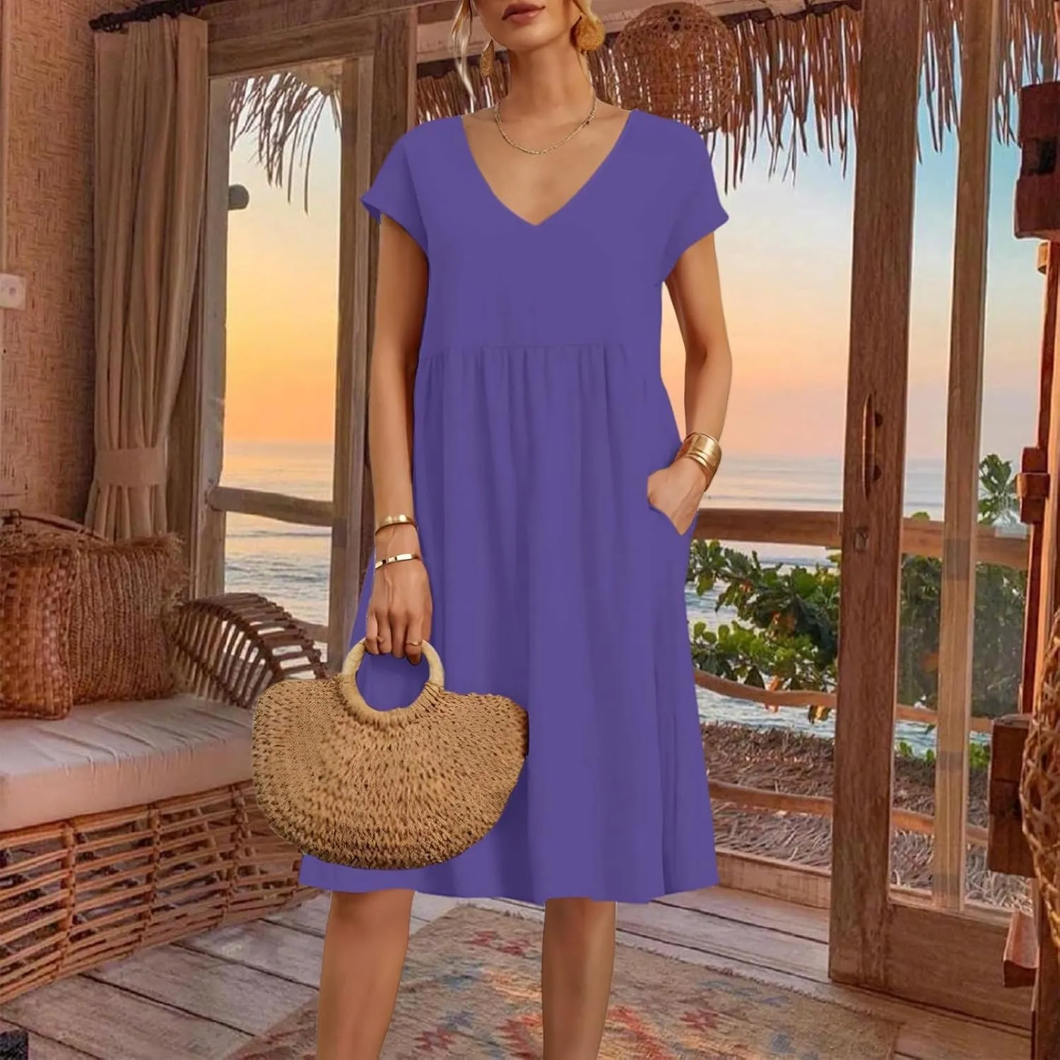 Women's Summer Dresses 2025 Beach Casual Deep V Neck Loose Short Sleeve Mini Sundress with Pockets