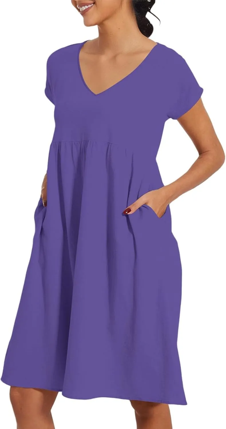 Women's Summer Dresses 2025 Beach Casual Deep V Neck Loose Short Sleeve Mini Sundress with Pockets