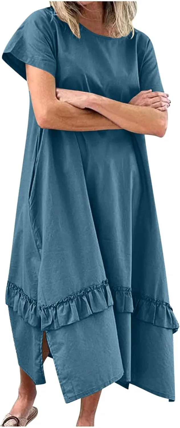 Women's Summer Long Dress Short Sleeve Shirt Dress Imitation Cotton and Linen Solid Color Hem Slit Sundress