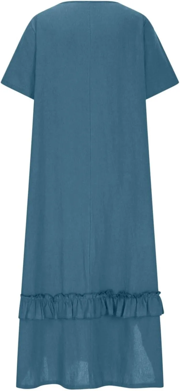 Women's Summer Long Dress Short Sleeve Shirt Dress Imitation Cotton and Linen Solid Color Hem Slit Sundress