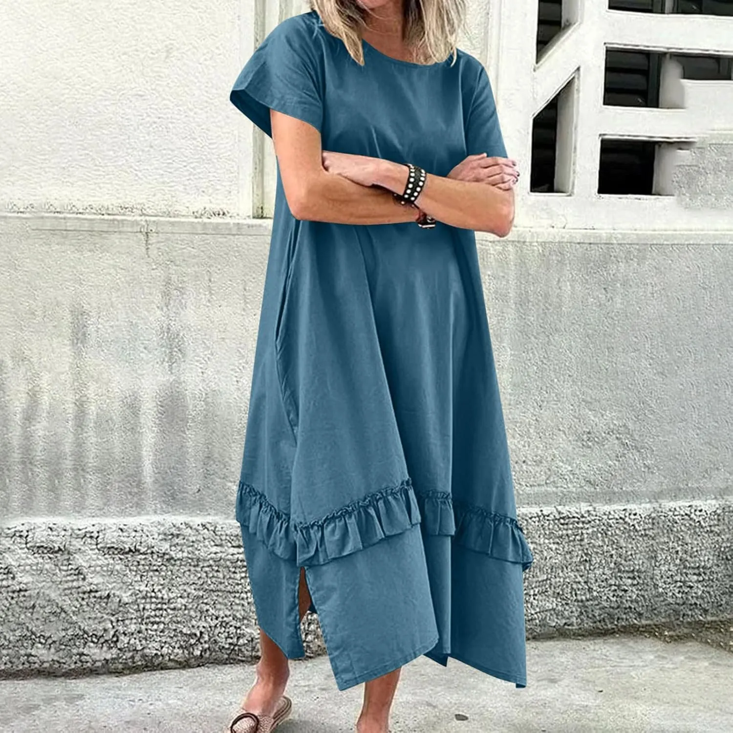 Women's Summer Long Dress Short Sleeve Shirt Dress Imitation Cotton and Linen Solid Color Hem Slit Sundress