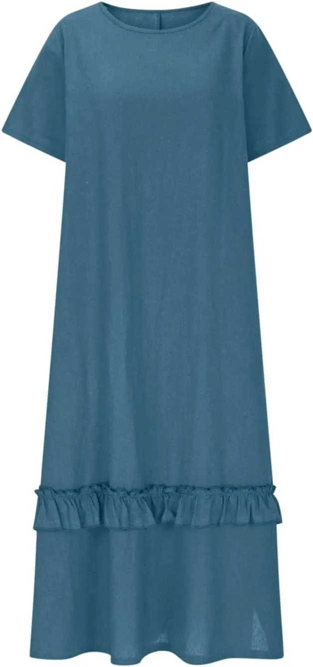 Women's Summer Long Dress Short Sleeve Shirt Dress Imitation Cotton and Linen Solid Color Hem Slit Sundress