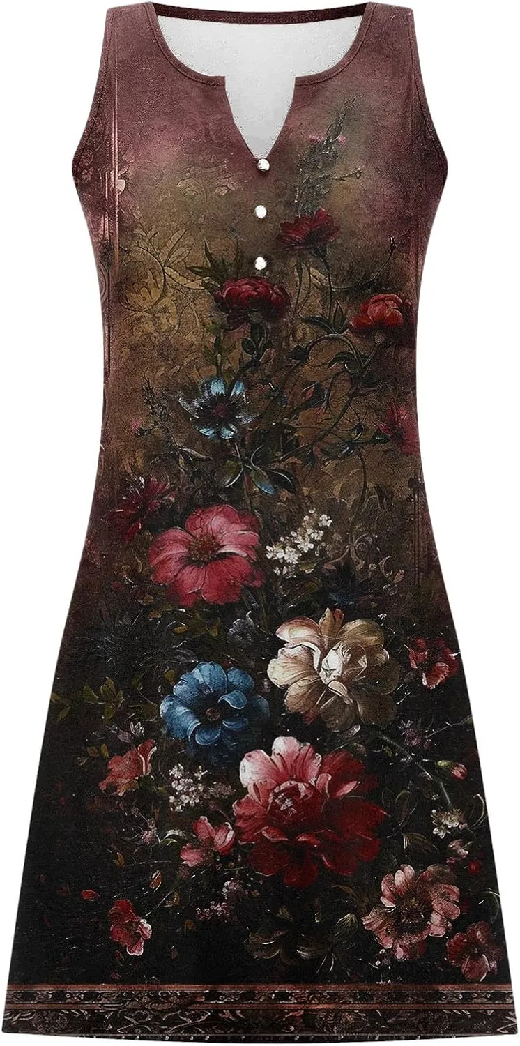 Womens Summer Mini Dress Trendy Floral Print Dresses Button V Neck Sleeveless Sundress Beach Swimsuit Cover Up 2025