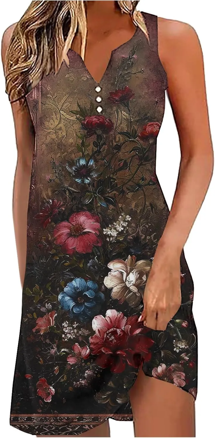 Womens Summer Mini Dress Trendy Floral Print Dresses Button V Neck Sleeveless Sundress Beach Swimsuit Cover Up 2025