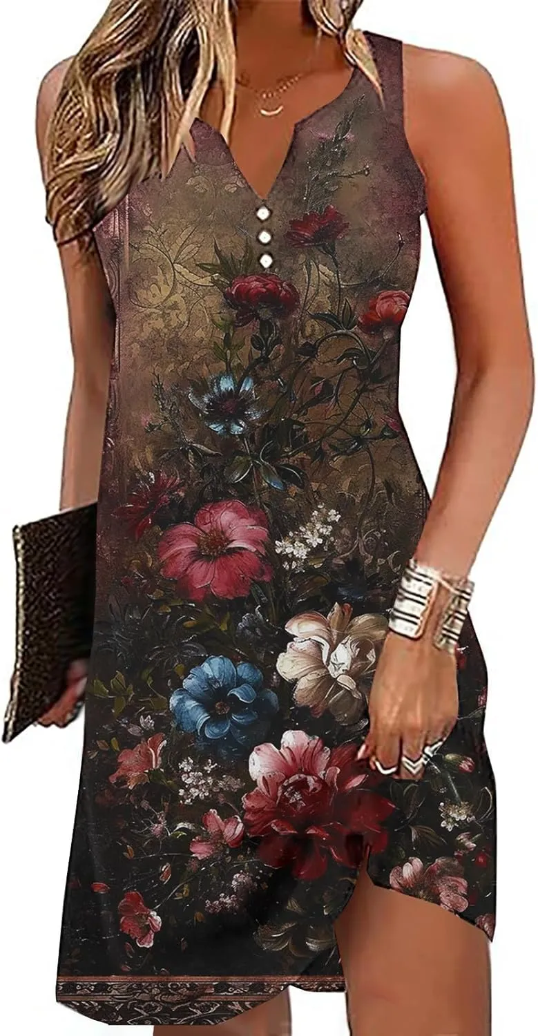 Womens Summer Mini Dress Trendy Floral Print Dresses Button V Neck Sleeveless Sundress Beach Swimsuit Cover Up 2025