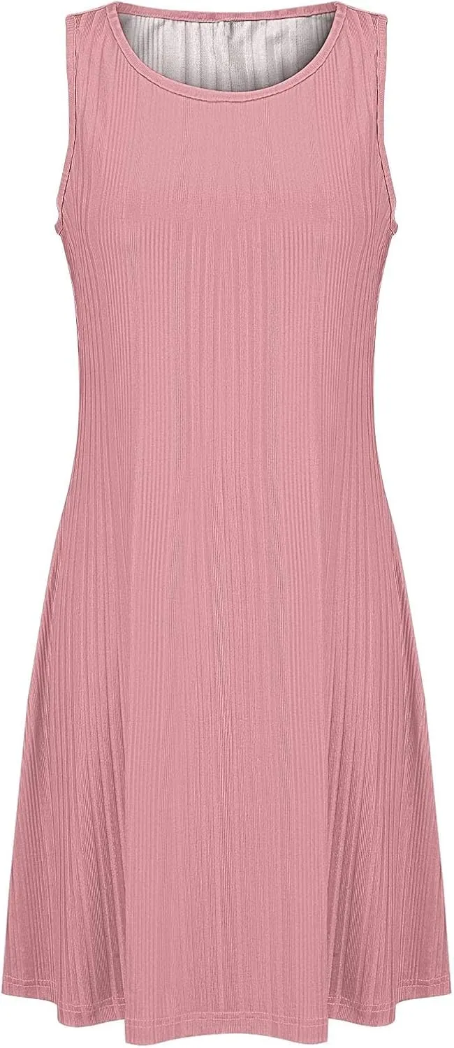 Womens Summer Sleeveless Mini Dress Crewneck Casual A Line Pleated Cover Ups Swing Tank Dresses