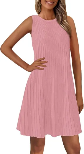 Womens Summer Sleeveless Mini Dress Crewneck Casual A Line Pleated Cover Ups Swing Tank Dresses