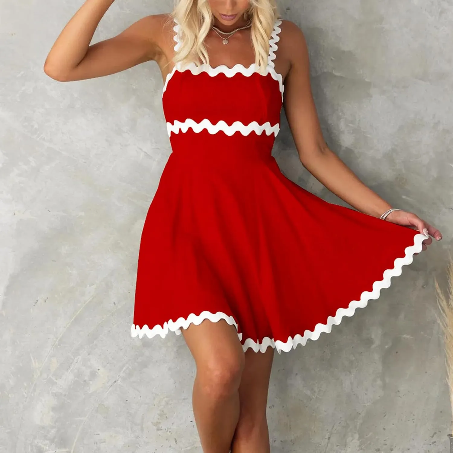 Womens Summer Spaghetti Strap Mini Dress Sleeveless Flowy Sundress with Ruffle Hem Casual Beach Dress