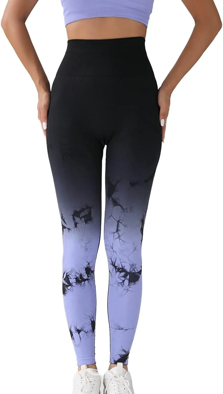 Womens Tie Dye Print Leggings, Fitness High Waist Tights Athletic Running Yoga Pants Seamless Compression Leggings