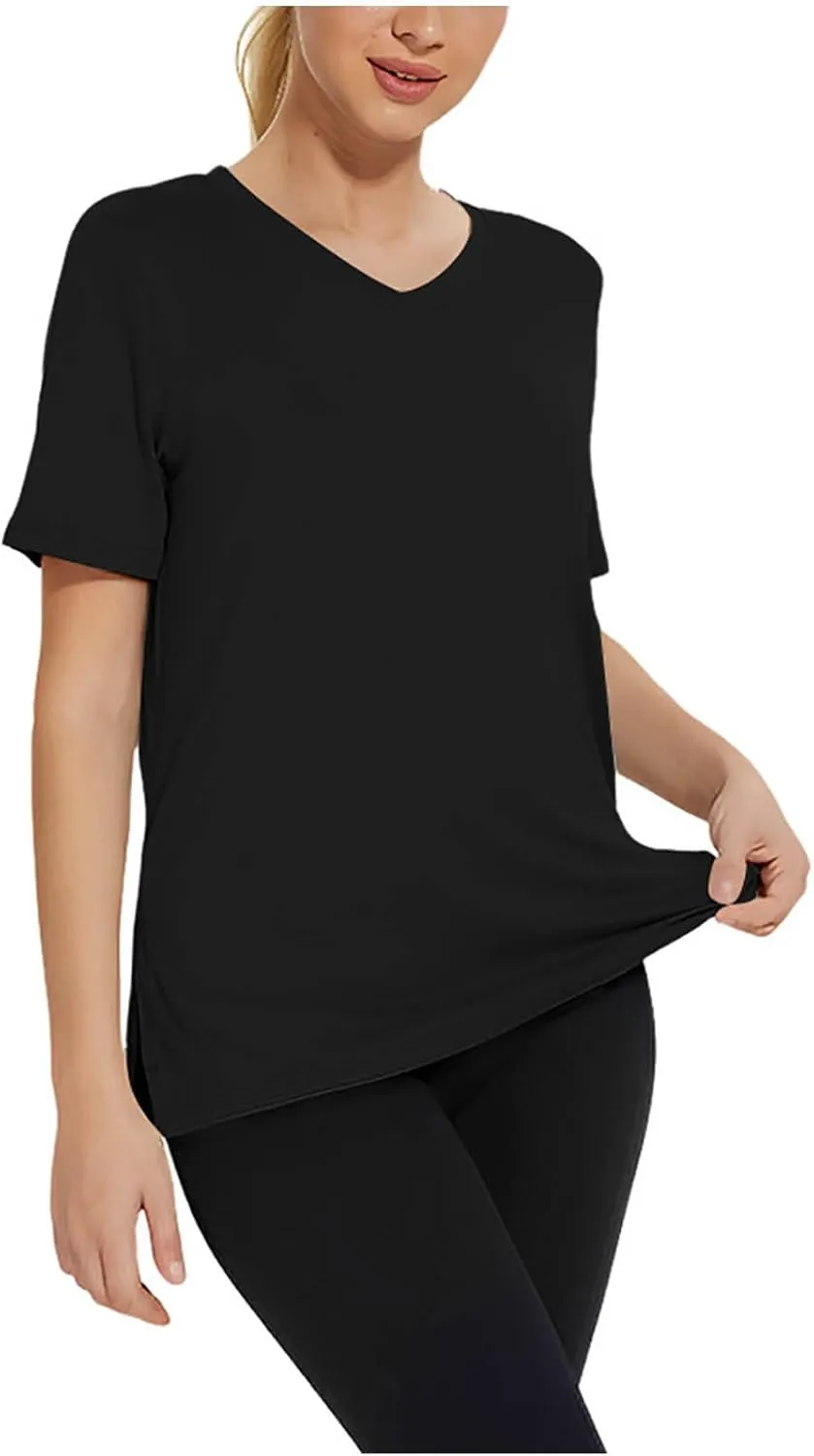 Women's V Neck Short Sleeve Blouse Casual Loose Stretch Side Split Pullover 2025 Summer Quick Dry Comfort Shirt Top