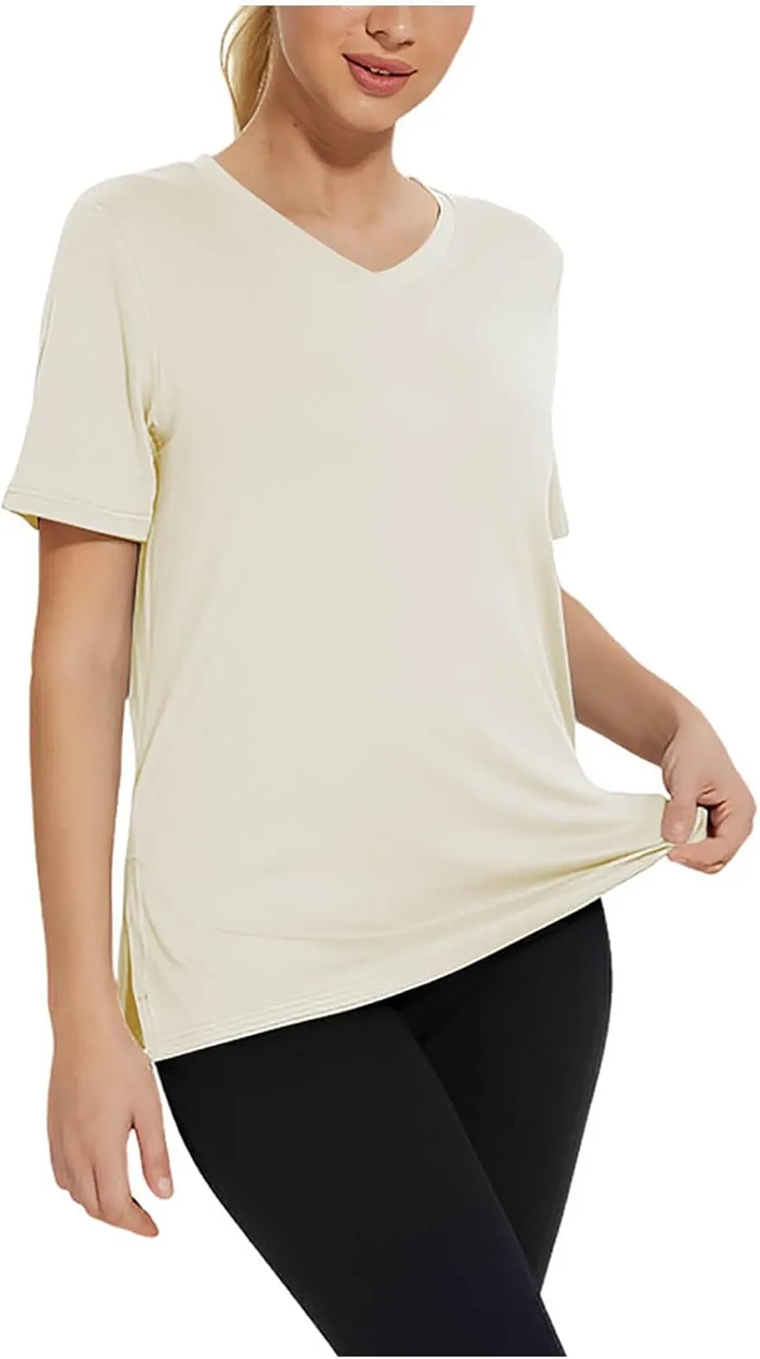 Women's V Neck Short Sleeve Blouse Casual Loose Stretch Side Split Pullover 2025 Summer Quick Dry Comfort Shirt Top