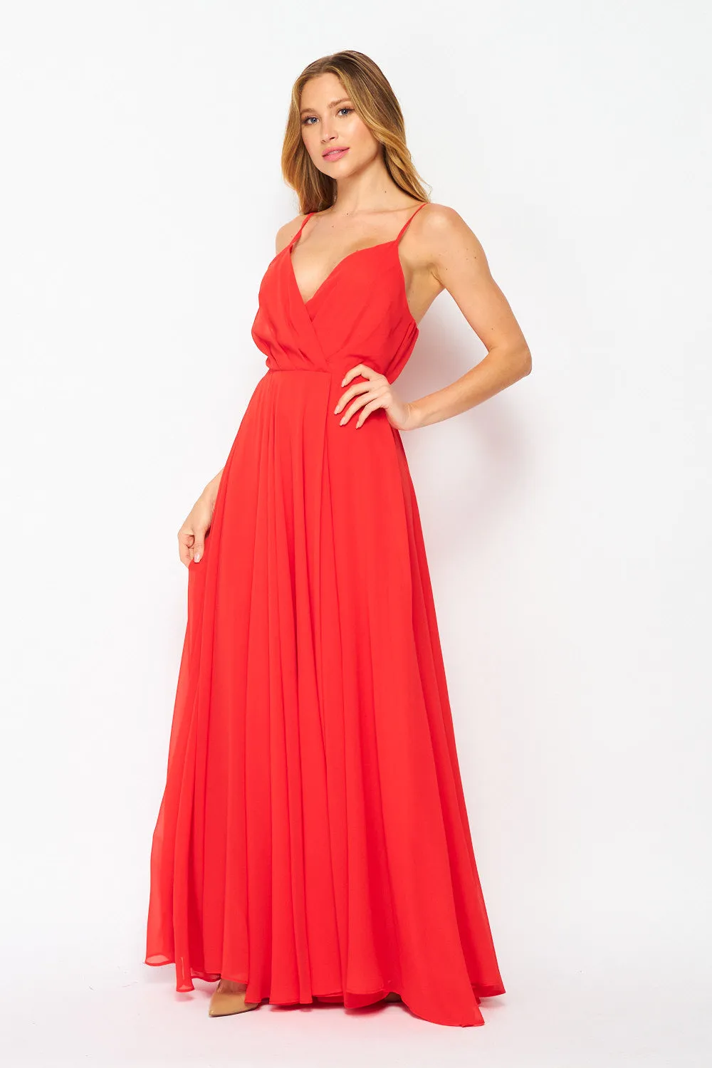 Women's Woven Tomato Red Solid Cocktail Maxi Dress