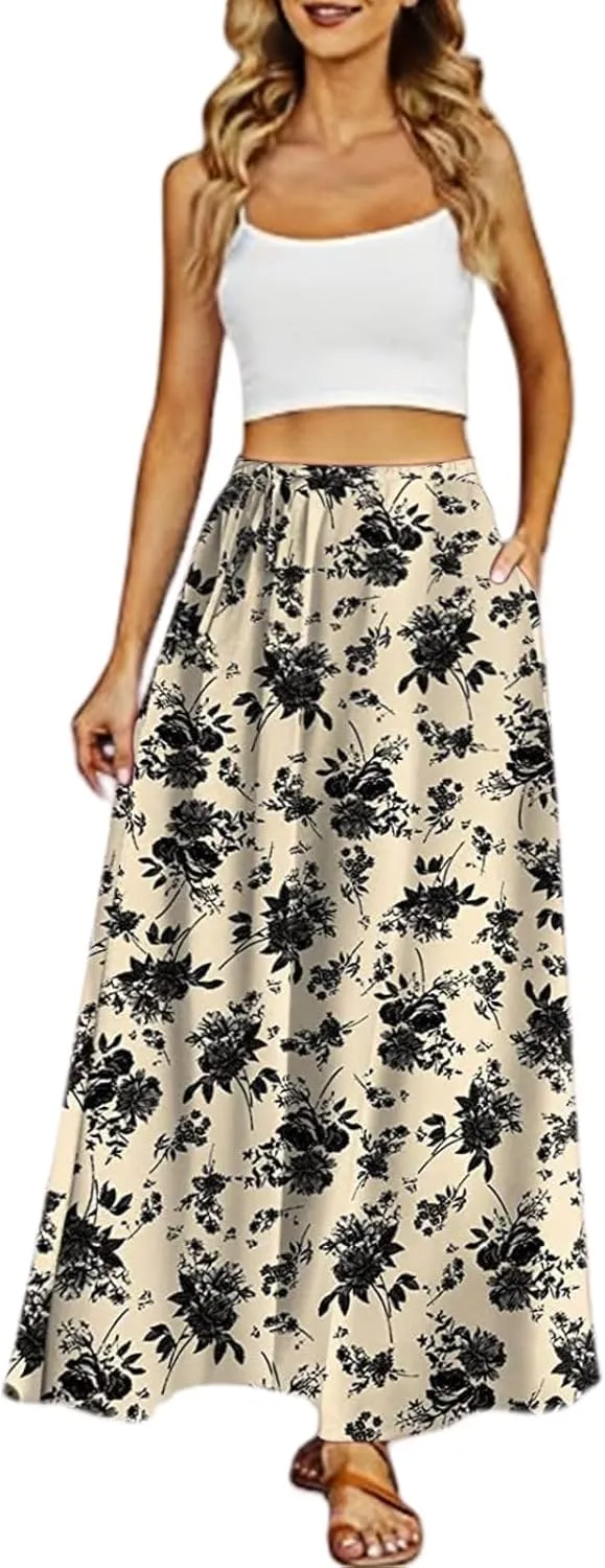 XOWRTE Maxi Skirt Women's Elegant Floral Pattern Long Skirt with High Waist Boho Skirt A-line Midi Skirt for Summer Skirt