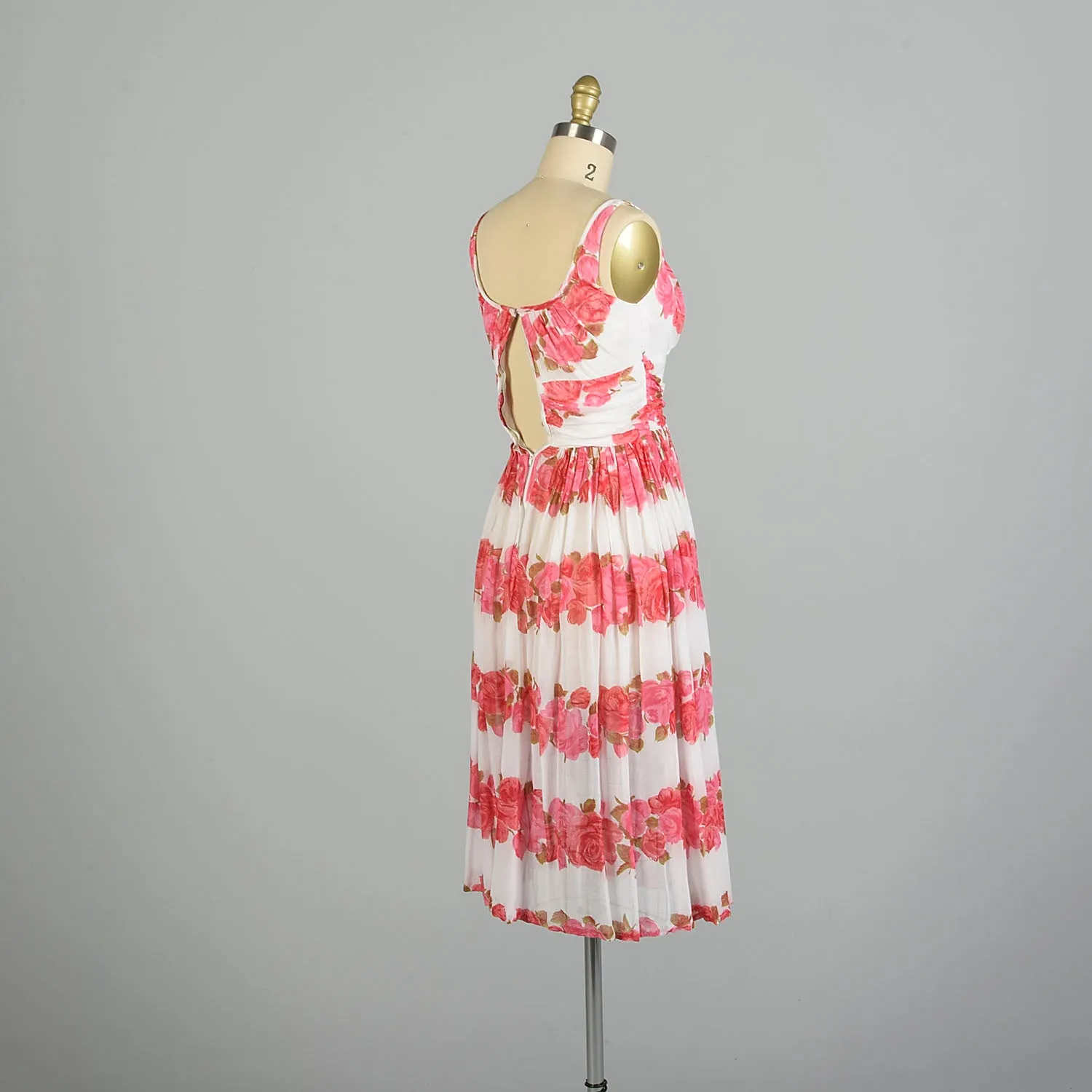 XXS 1950s Sleeveless Flowy Pink Novelty Rose Print Cotton Summer Day Dress