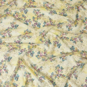 Yellow Pure cotton voile fabric with multicolor print with golden foil in floral design-D16559